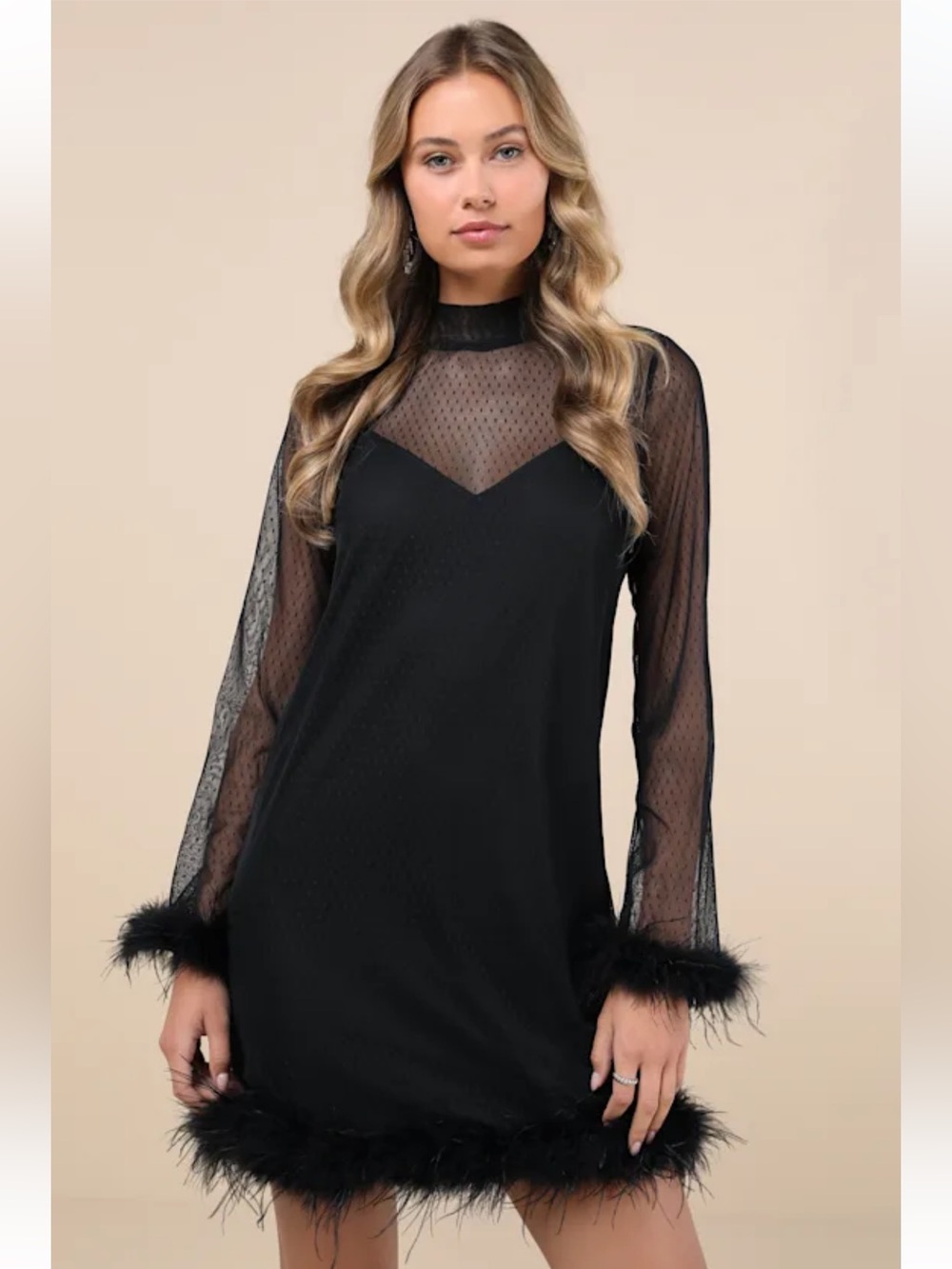 Lulu's Black Sheer Sleeve Feather-Trim Mini Dress